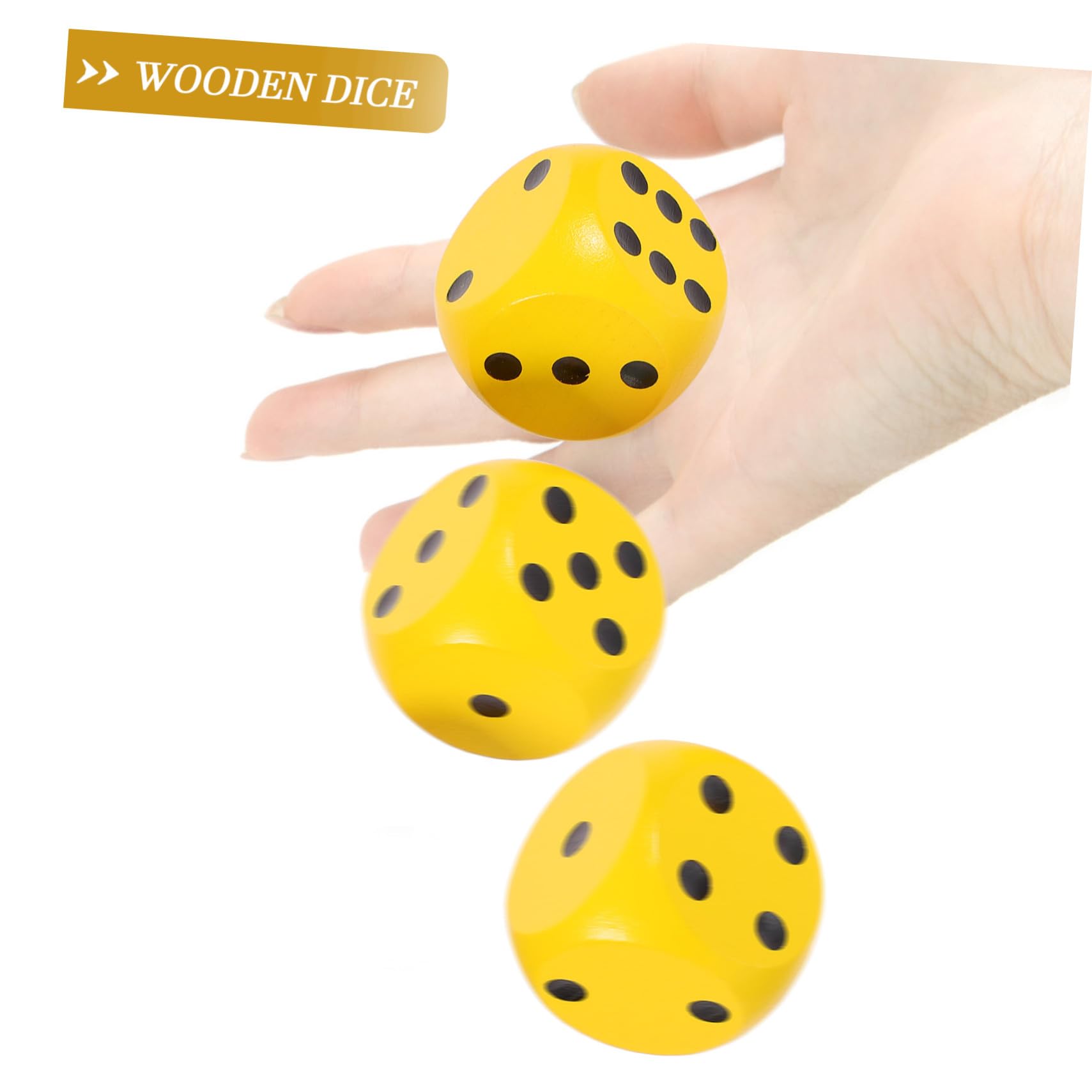 FRCOLOR 3 Dés en Bois Naturel 3pcs, Légers et Portables, 4 Cm Points Arrondis Jaunes pour Jeux de Table et Fêtes Amusantes