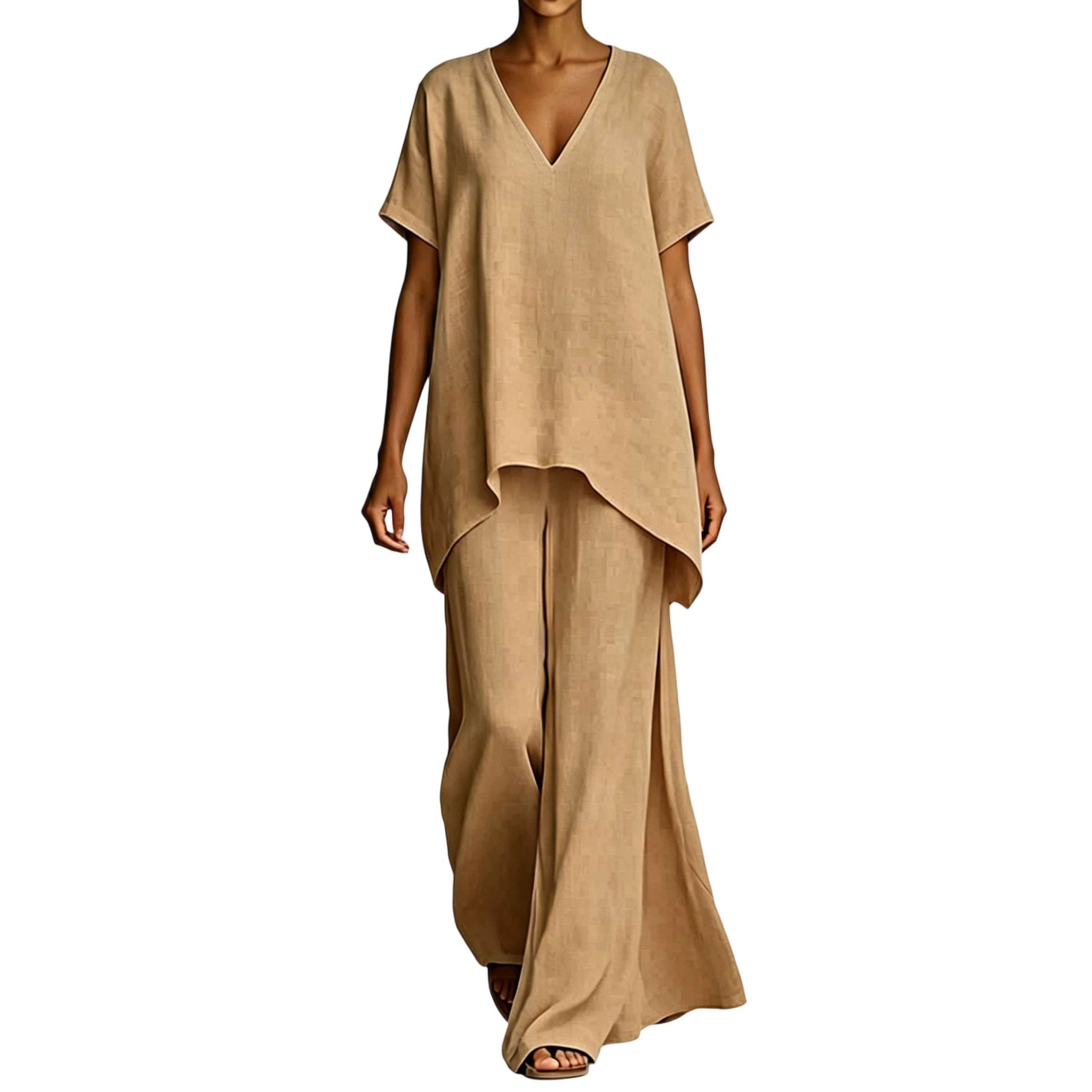 Générique Ensemble 2 Pièces Femme Été Style Bohème Lin Chic, Tunique Asymétrique Col V et Pantalon Large Fluide, Modèle Imprimé Moderne, Tenue Ample et Légère pour Vacances ou Quotidien