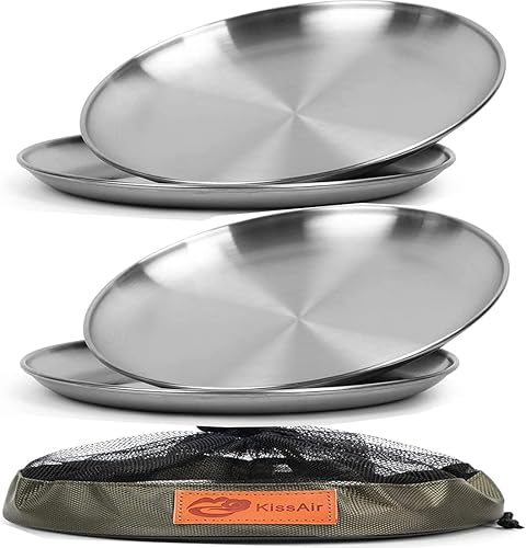 Miniatura 1 de KissAir - Juego de platos reutilizables de acero inoxidable cepillado 188, redondos, de 9.0in, de metal ecológico, 304, resistente, utensilios de