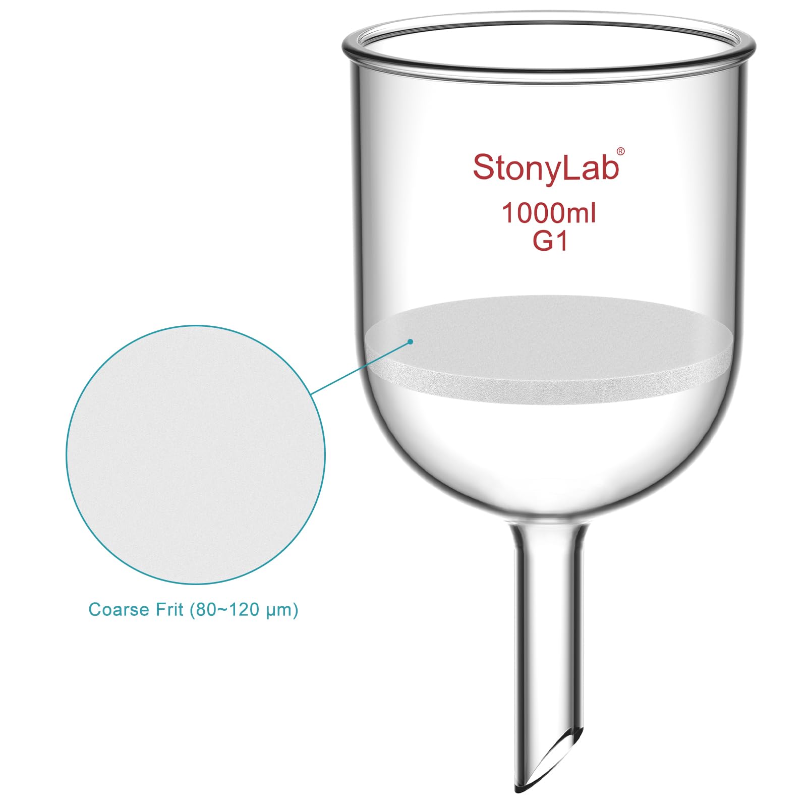 Vaso de borosilicato StonyLab Embudo de filtración Buchner con frita gruesa, Diámetro del disco de 113 mm, Profundidad de 110 mm, con junta interna cónica estándar 24/40 (1L)