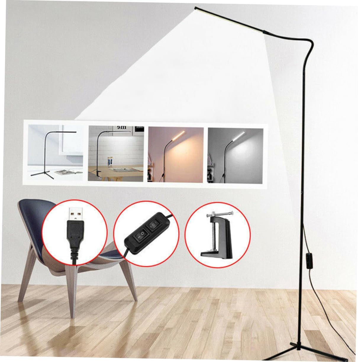 Dimmable Gooseneck Floor Lamp Adjustable LED Reading Light with Clip for Desk and Bedside Flexible Long Arm Design for Reading and Crafting