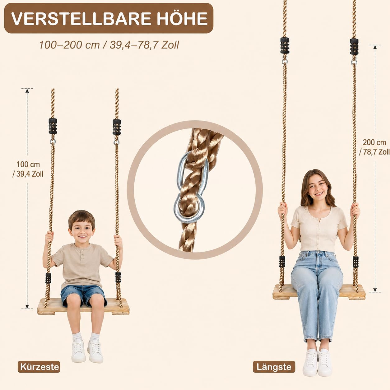 Holz Schaukel Outdoor/Indoor | Stabile Familienecke bis 160kg mit verstellbaren Seilen | Sicherer Schaukelsitz für Kinder & Erwachsene (40x16x3cm) | Für Garten, Terrasse, Balkon