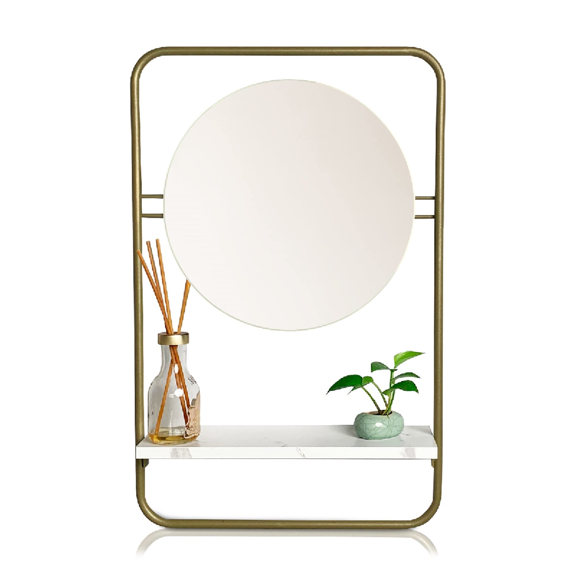 Cocoyard Modern Round Mirror Wall Mount Decor – Decorative Metal Framed Small Wall Hanging Circle Mirror– Premium Entryway Black Mirror with Wall Shelf – 16.3 x 4.7 x 25.4-inch (Gold Color)