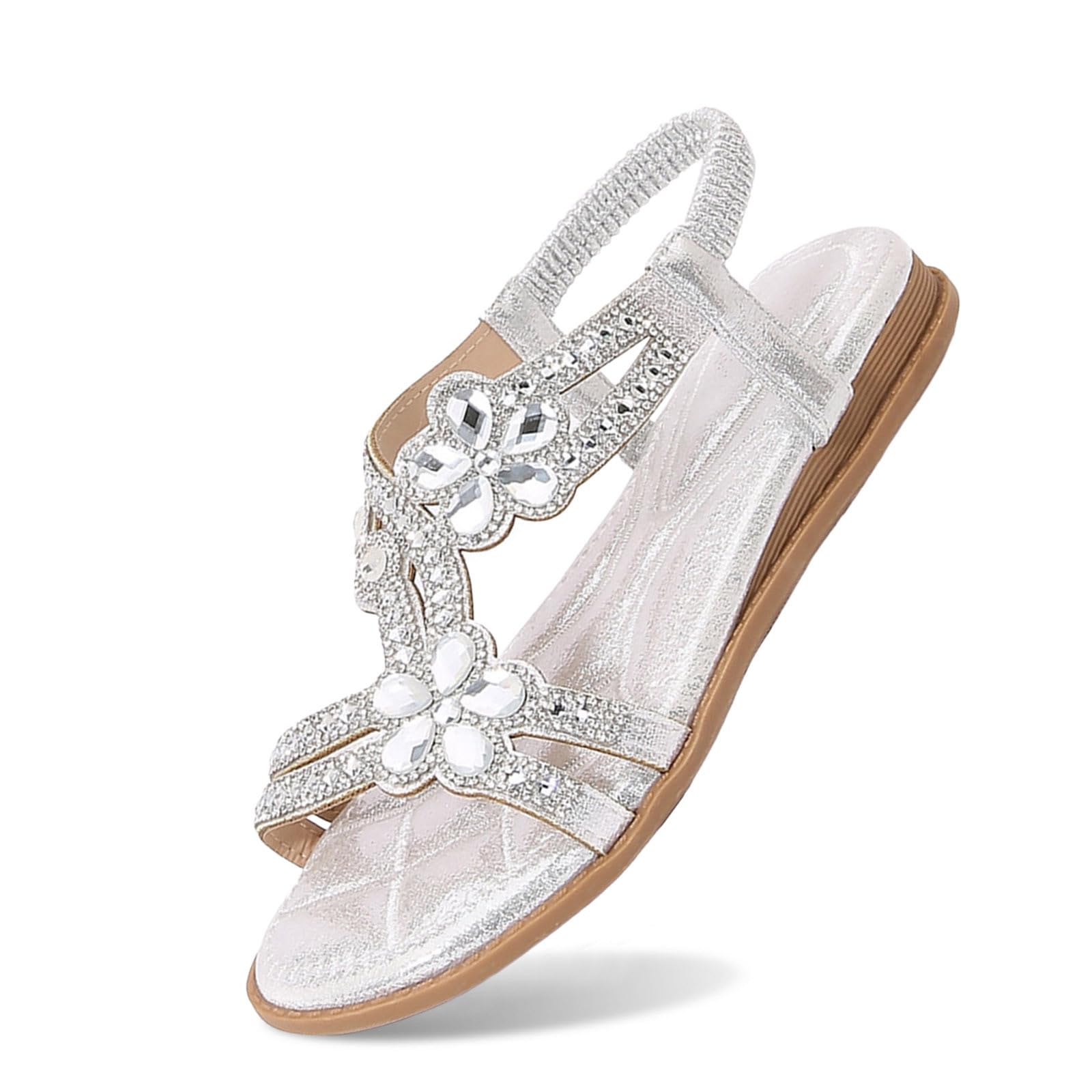 Sandali Piatti Donna Con Strass E Cinghie, Comode Scarpe Estive Con Suola Morbida E Elastico, Sandali Bohémian Grandi Taglie - 3