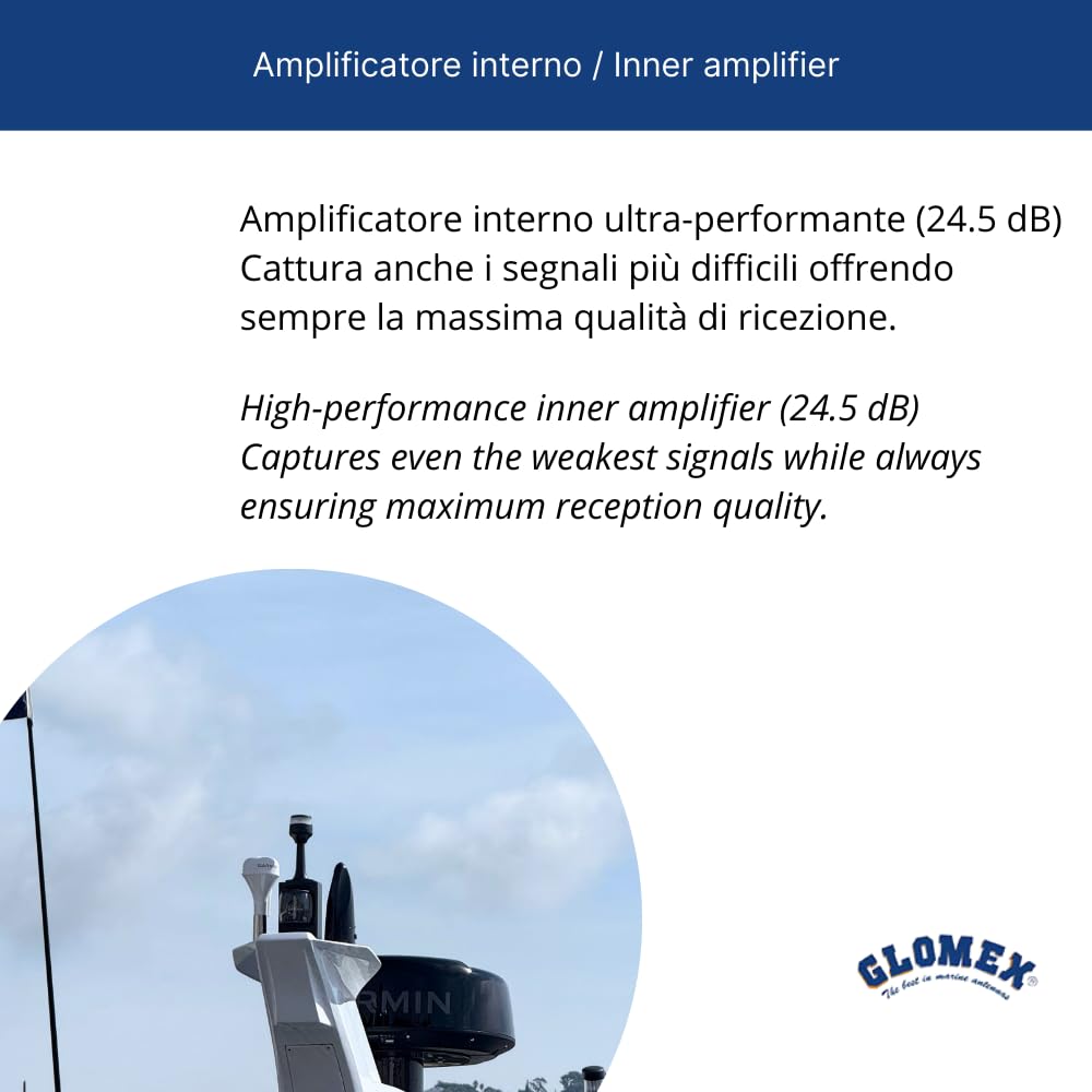 Glomex – Antenna TV Terrestre Omnidirezionale Avior 10x21cm (Nero), Modello VT300-BK – Amplificatore Interno, Riceve TV/FM, Kit Completo, Per barche a vela, motore, gommoni, yacht – Massima Ricezione