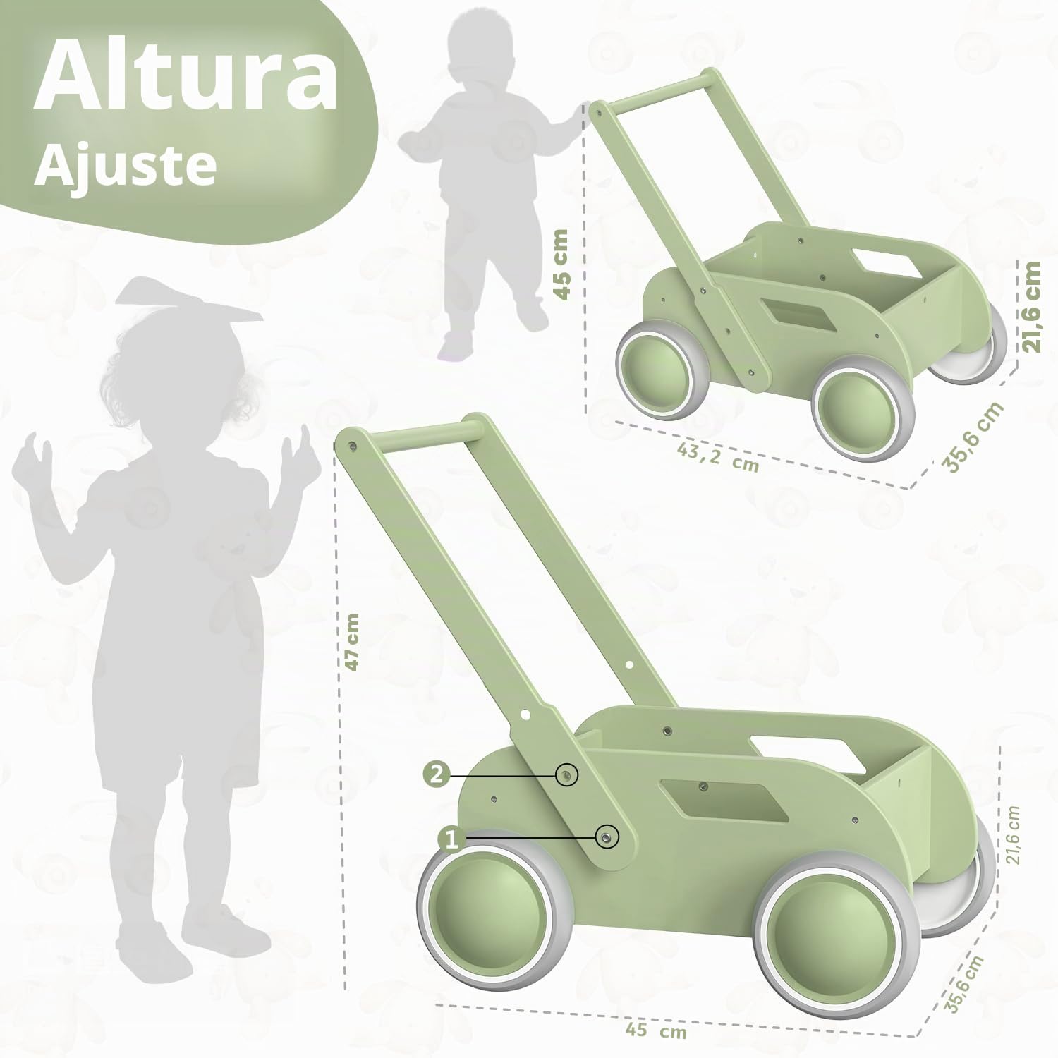 Andador Madera Bebé, Caminador Bebé para Niños y Niñas, Andadores para Bebes con Espacio de Almacenamiento, Regalo para Cumpleaños Navidad, Verde