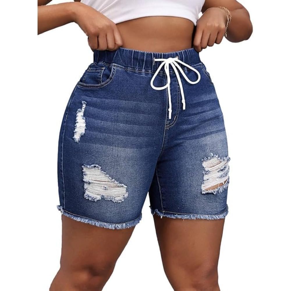 GIOPSQ Plus Size Women’s Distressed Denim Shorts High Waist Drawstring Ripped Jean Hot Pants with Frayed Hem Casual Summer Wear Denim/A/XXL