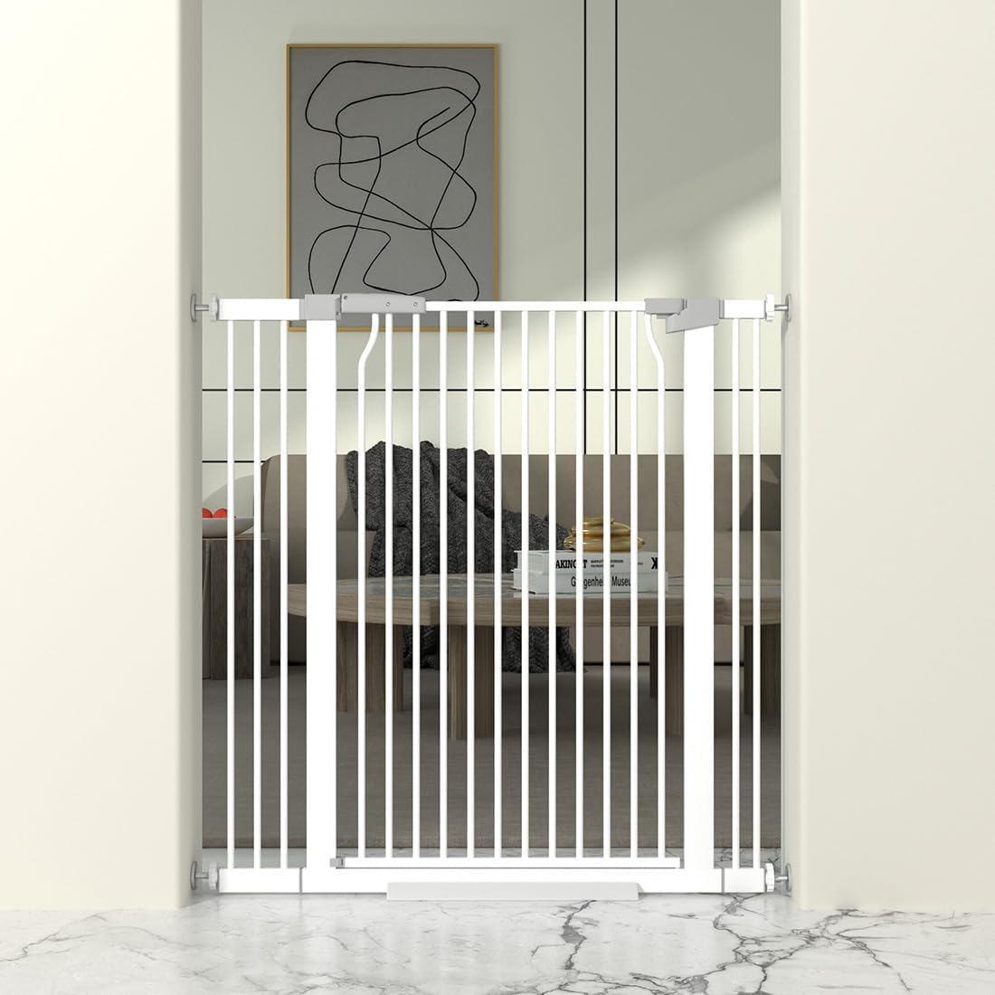 41" Extra Tall Baby Gate for Doorway, 32.6-40.5'' Metal Pet Baby Safe Gate, Extra Wide Pressure Mounted Child Door with Expansion Kit, No Drilling Cat Fence Indoor, No Climb Cat Proof Gate, White 32.6-40.5''W