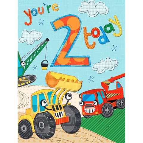 Noel Tatt Children's Age 2 'Happy Birthday' Card - 'Diggers and Construction Vehicles' - Silver Foil Finish - for Him, Blue Red Yellow Green, 180 x 125mm Cover