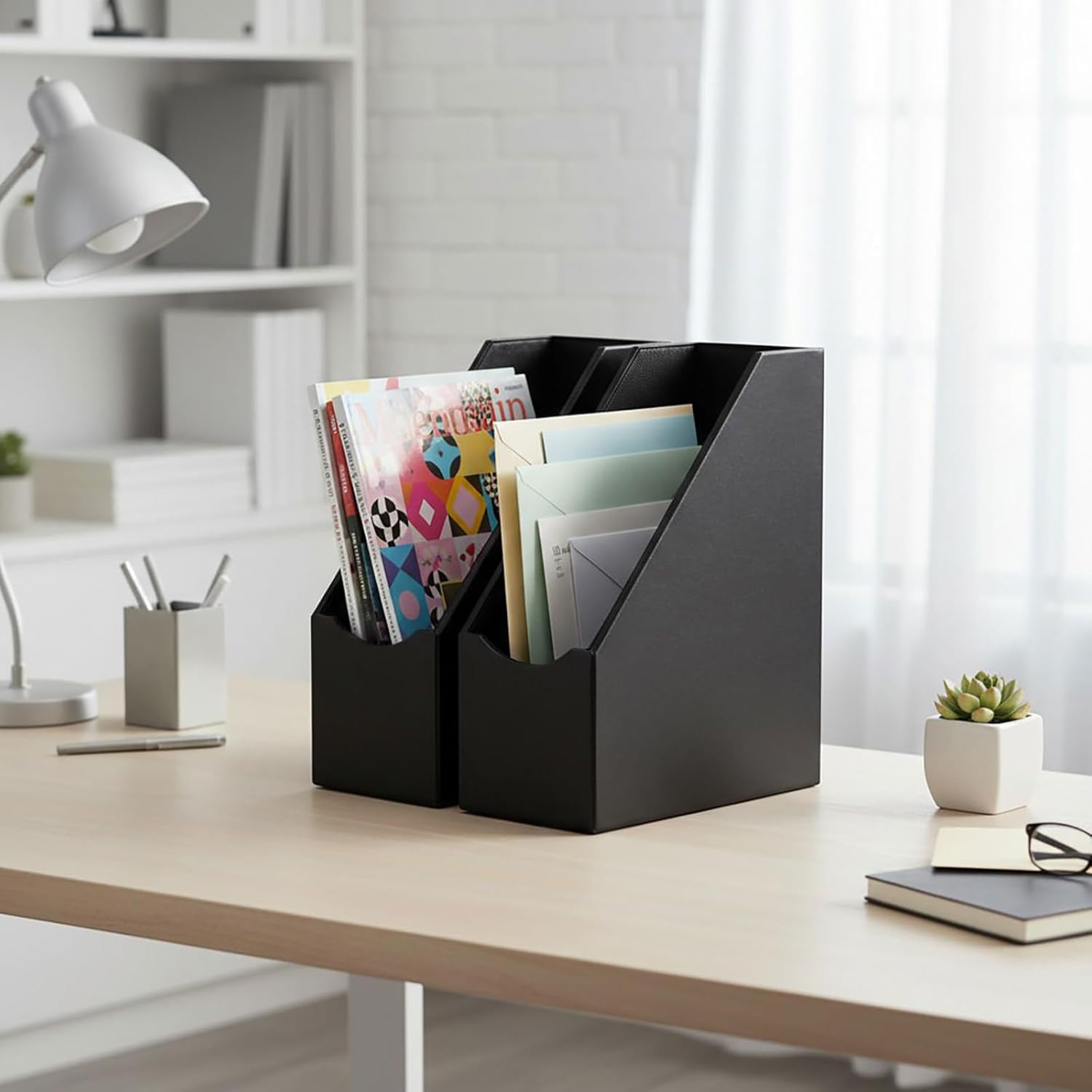 UnionBasic Magazine File Holder, Leatherette Desktop Document Organizer, Home Office Paper Holder File Storage Literature Sorter, Black