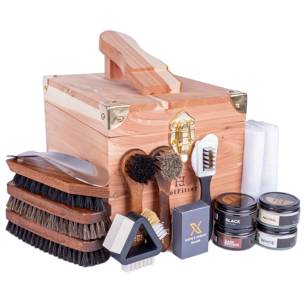 FootFitter Grand Cedar Shoe Shine Valet Set, All In One Premium Shoe Care Kit with Cedar Shoe Valet Storage Box