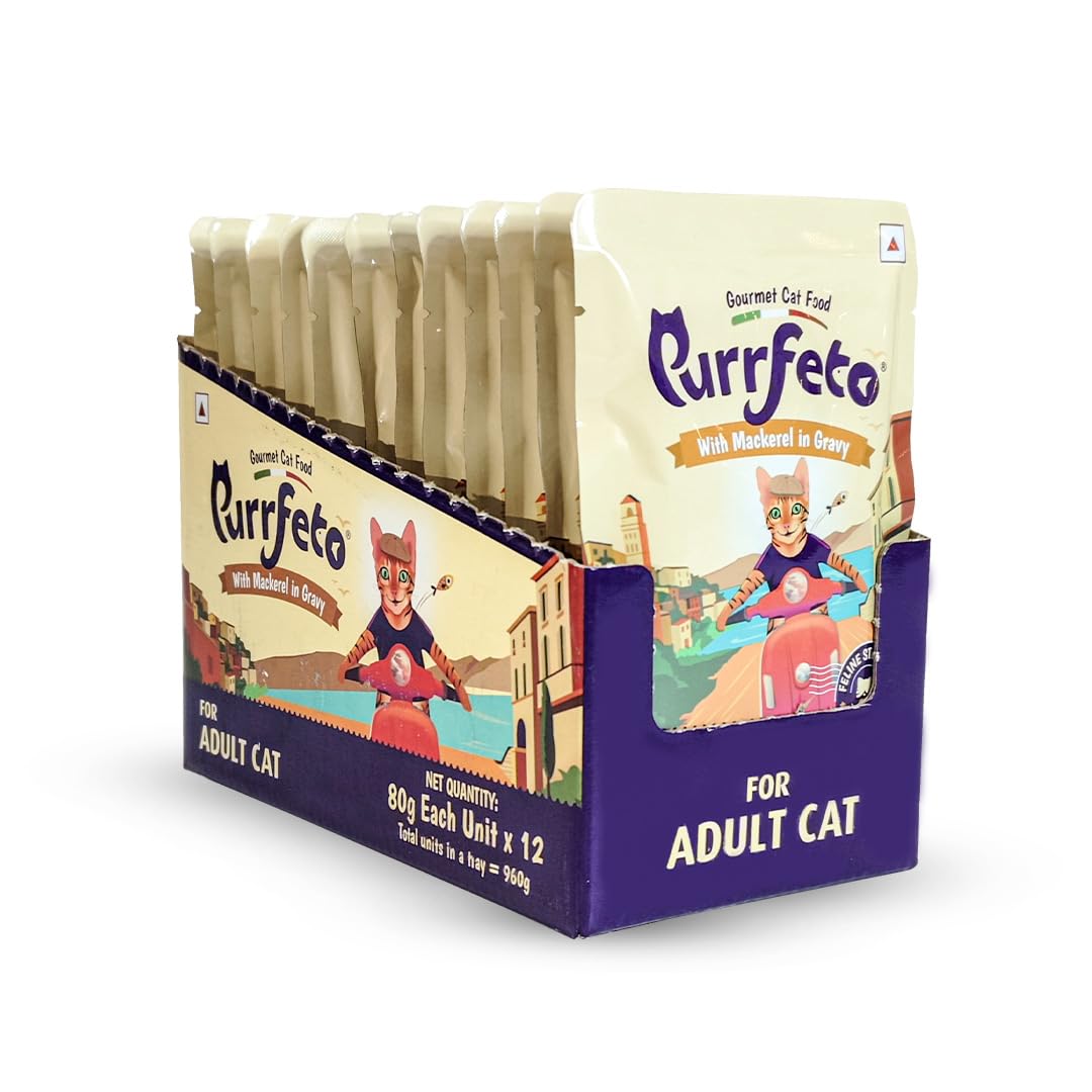 Purrfeto Adult Wet Cat Food | Mackerel in Gravy |80 GMS, Pack of 48| Gluten Free | Supports Hydration | Highly Palatable