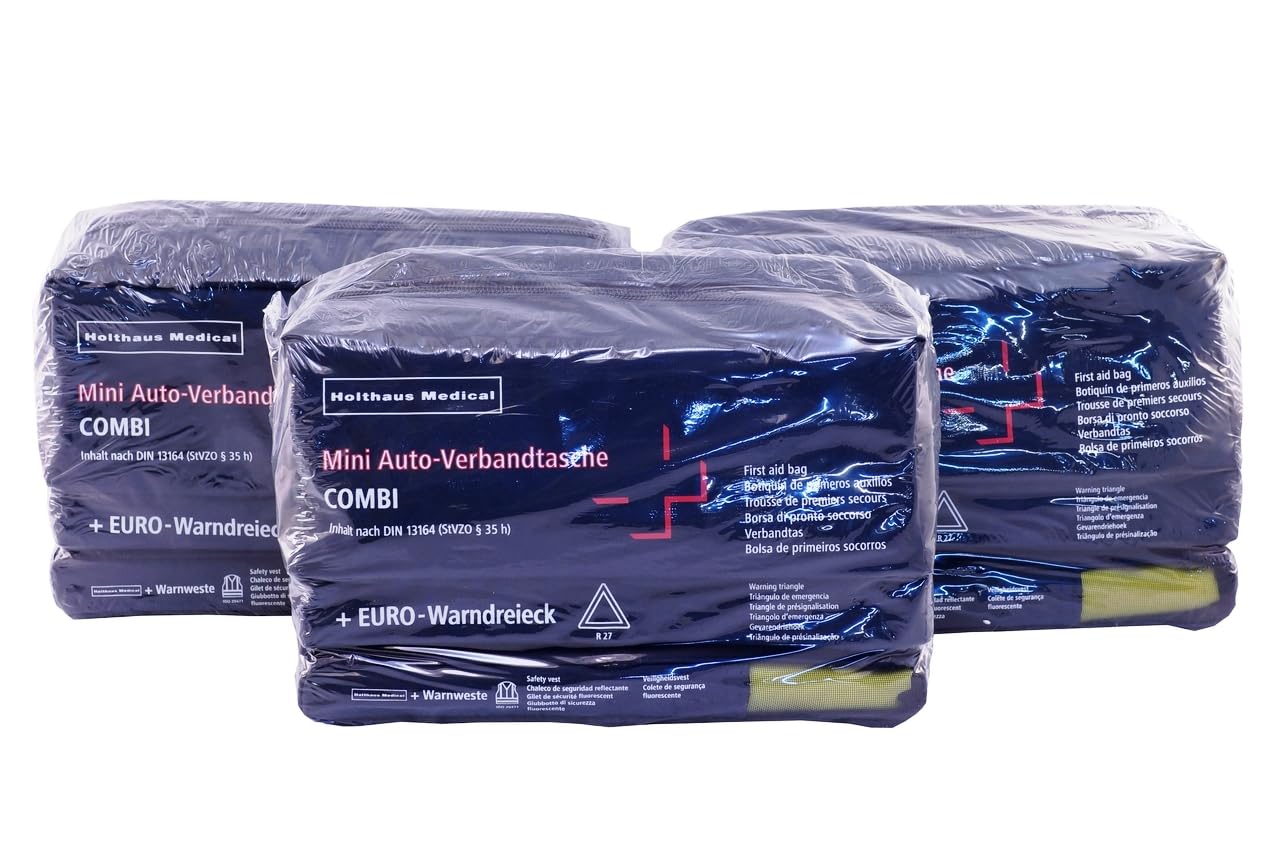 3x KFZ Mini 3in1 Holthaus Warnweste-Dreieck-Verbandstasche Din 13164-2022 mit Maske frische Produktion