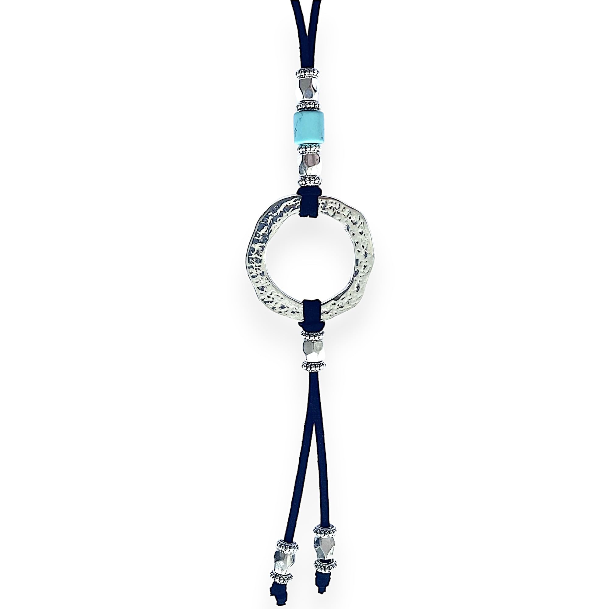 ASTER ALHELÍ Colgante Mujer Círculo y Turquesa Plata - Collar Largo de Antelina Negra con Altura Ajustable y Abalorios de Zamak Bañado en Plata - Ideal para Regalo