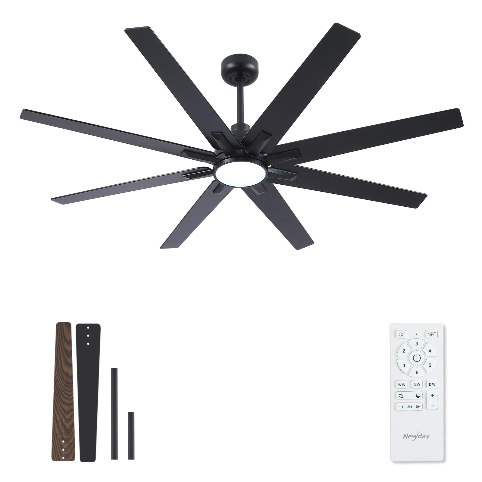 newday 62 inch large ceiling fans with lights and remote, indoor/outdoor black ceiling fan for living room patio, 6 speeds slient reversible dc motor, 3cct, timer, 2 downrods, 8 blades