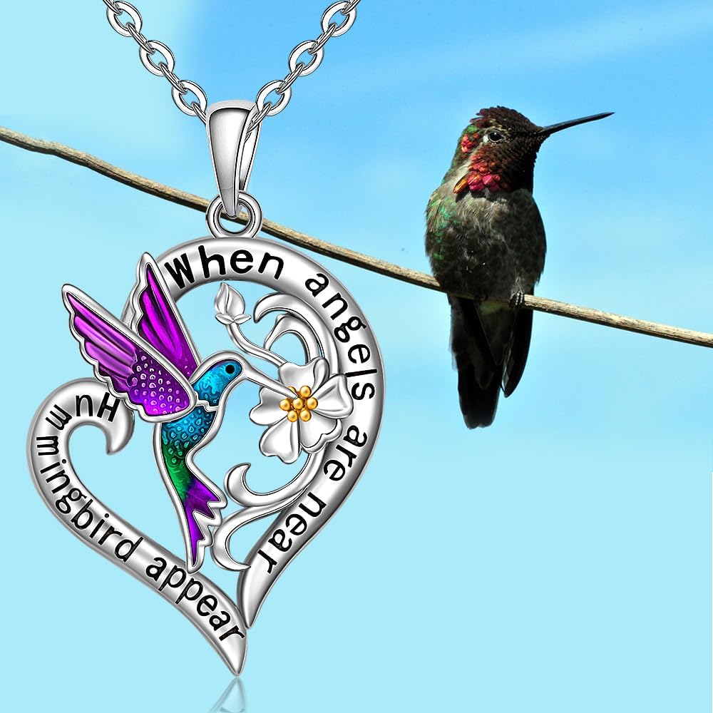 Fenthring Hummingbird Necklace Hummingbird Necklaces for Women Sterling Silver 925 Flower Purple Blue Hummingbirds Heart Pendant Jewelry Memorial Mothers Day Christmas Gifts - Image 7