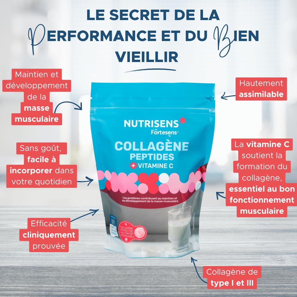 NUTRISENS Fortesens, Peptides de Collagène Poudre Type 1 et 3 + Vitamine C + Protéines, Breveté BODYBALANCE®, Soutien Articulaire, Musculaire et Perte de Masse Grasse, 330g Goût Neutre, Made in France