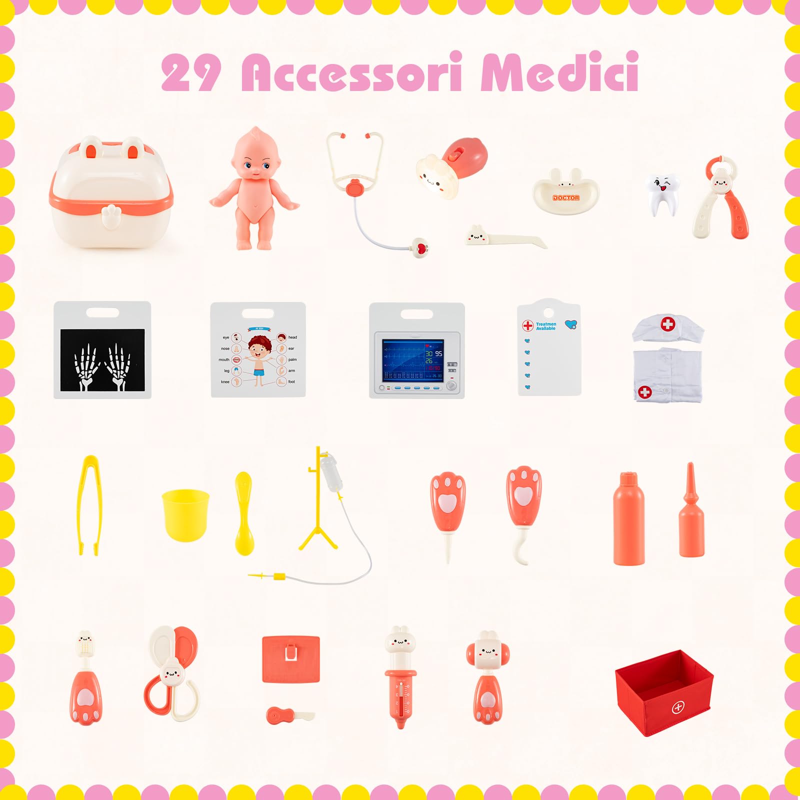 COSTWAY Set Gioco Dottore per Bambini, Gioco di Ruolo Medico in Legno con Stetoscopio, Radiografie, Monitor ECG, Tabella Oculistica e 29 Accessori, Medico Giocattolo per Bambini 3+ Anni (Rosa)