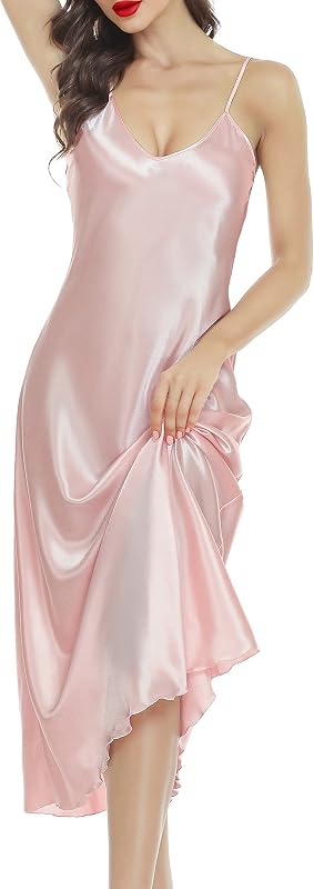 Lovasy Women Satin Nightgown Sexy Long Lingerie Dress S-XXL | Silky Silk Sleepwear,Adjustable Strap Slip Dress,V Neck Nightdress,Negligee