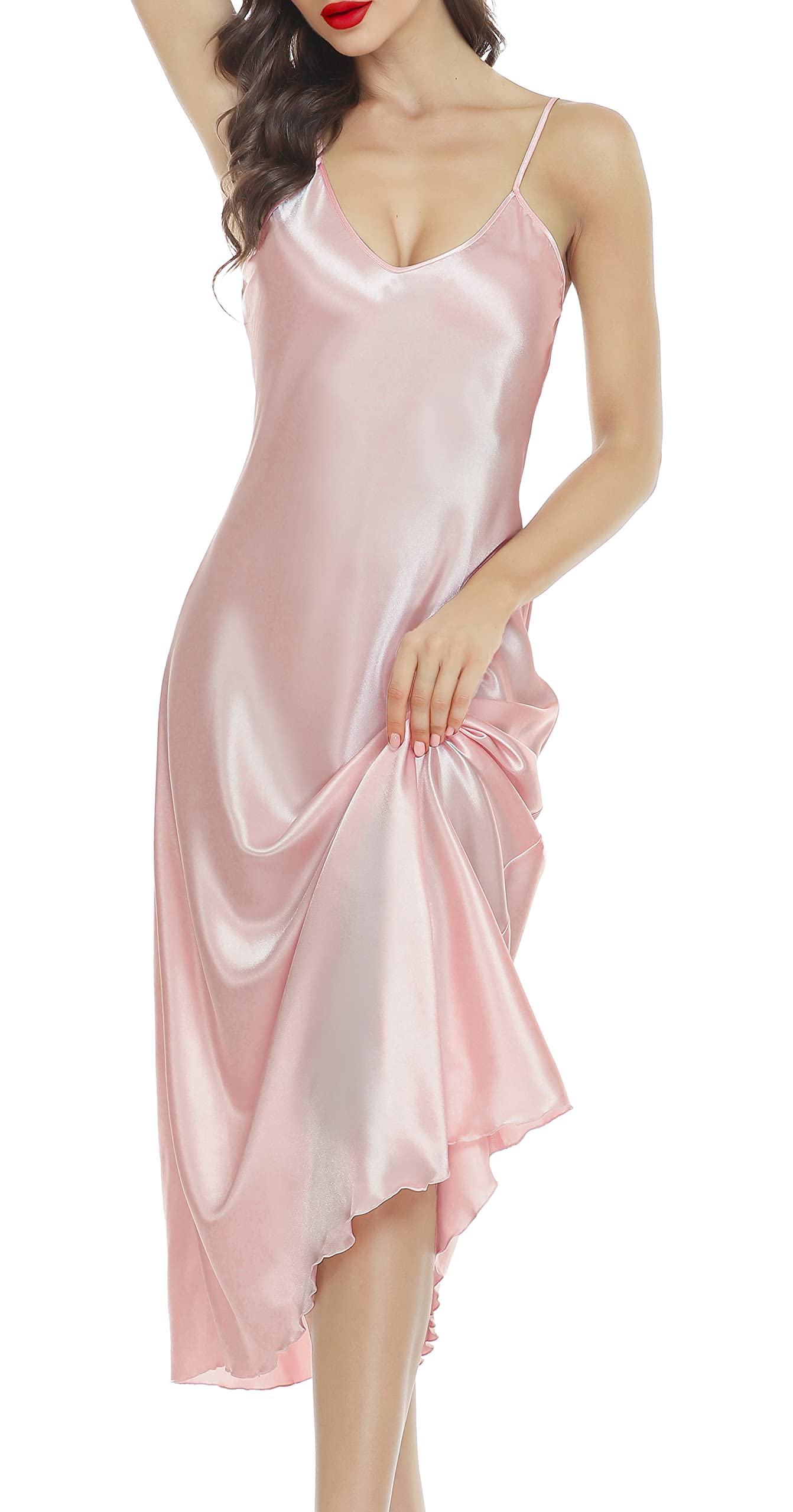 Lovasy Nachthemd Damen Satin Lang Negligee Damen Sexy Babydoll mit Spaghettiträger V Ausschnitt Träger Nachtkleid
