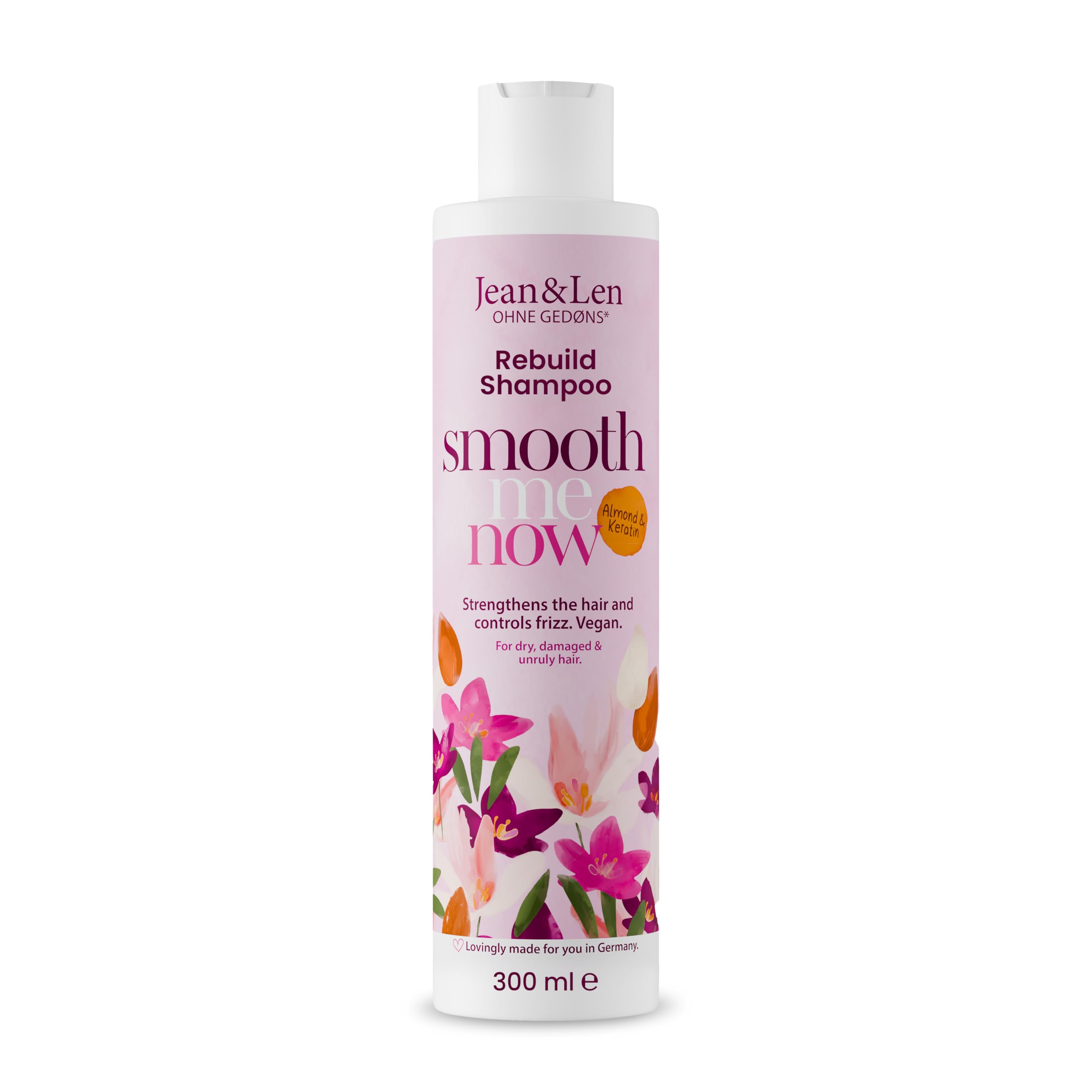 Jean & Len Rebuild Shampoo Almond & Keratin, for damaged hair protects against breakage and split ends, tames frizz