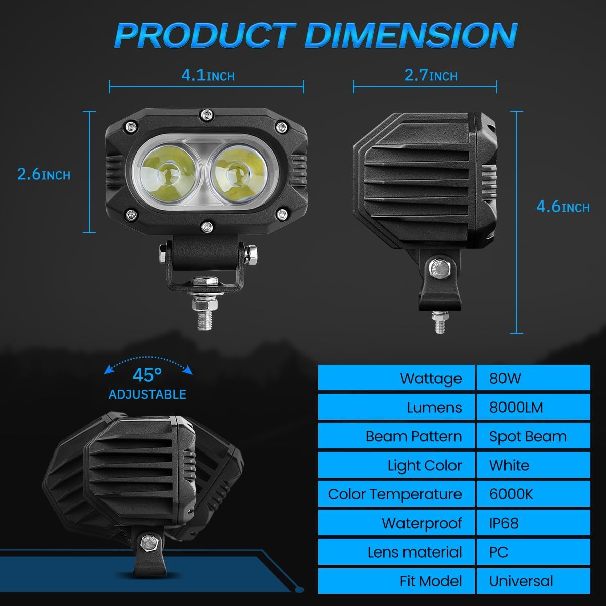AUTOFEEL LED Pods Light 4 Inch LED Light Bar 2PCS 80W Spot Light Single Row 8000LM Off Road Driving Fog Lights for Trucks SUV Boat