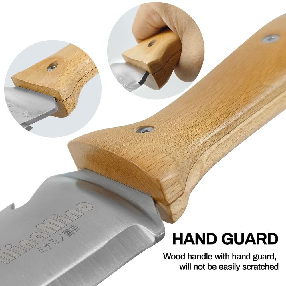 Minamino 5 Zoll feste Klinge Mehrzweck-Hori-Hori-Gartenmesser mit Lederscheide und Wetzstein, komfortablerer Holzgriff