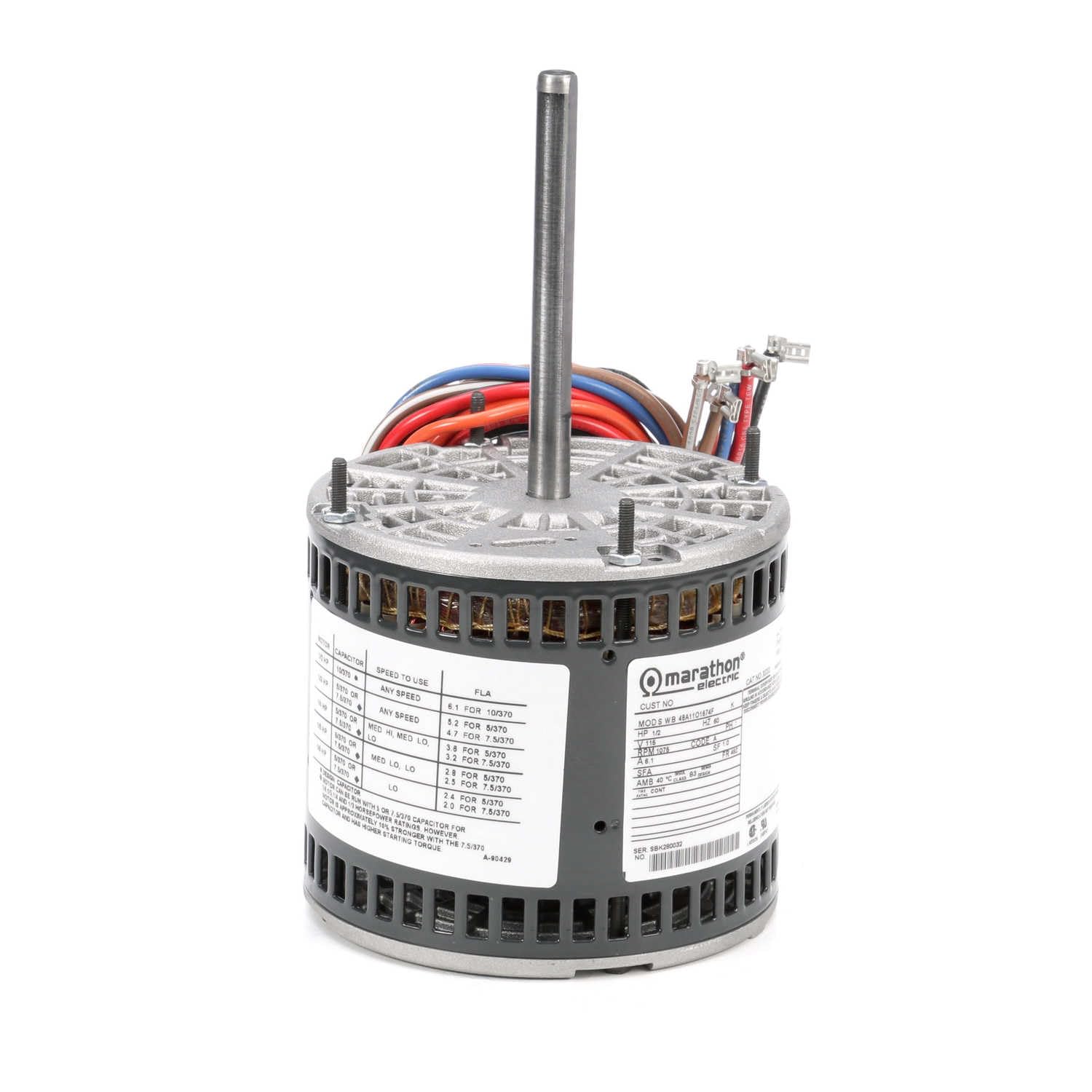 Marathon X033 48Y Frame Direct Drive Blower Motor, Single Phase PSC, Thru-Bolt Mount, Open Air Over, Shaft Dimension 1/2" x 5", 6.1 amp, 1/2 hp, 1075/4 RPM, 115V