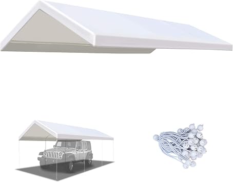 BenefitUSA 12x20 Carport Canopy Tent Garage Replacement Top Tarp Car Shelter Cover w/Ball Bungees with Edge