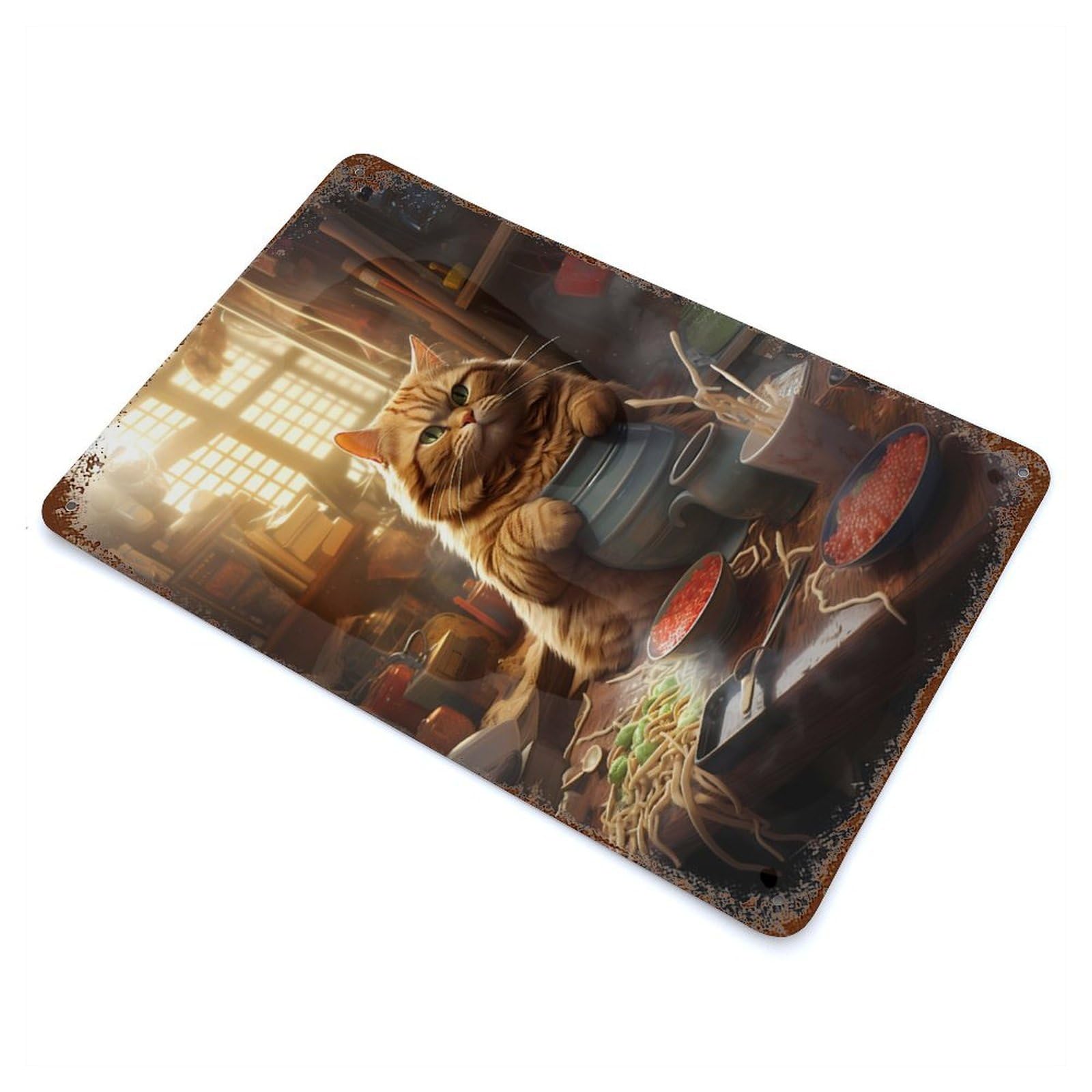 Garage Style Fat Cat Noodles Ramen Food Vintage Rust Metal Sign 11.8"x7.9", Rustic Home Decor for Bar And Workshop