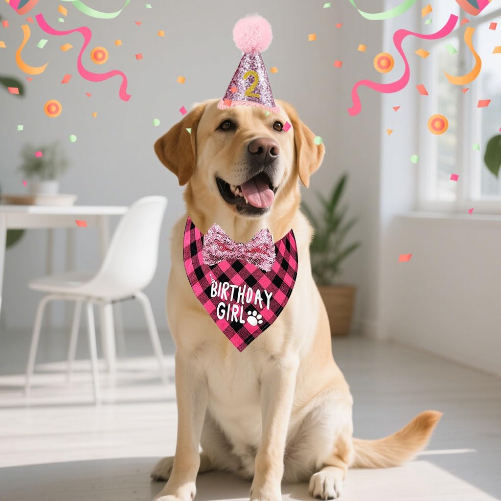 Dog Birthday Party Supplies, Dog Birthday Bandana and Party Hat Set with Numbers Bow Tie Collar for Small Medium Large Pet,Pink, L