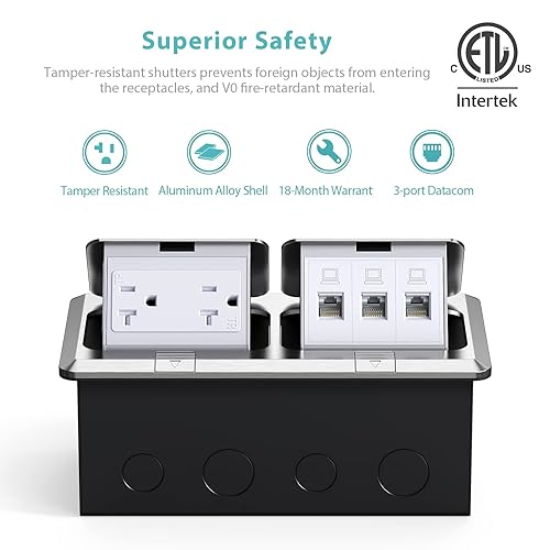 Vista 15 de WEBANG Kit eléctrico de caja de suelo doble emergente, salida de receptáculo dúplex resistente a la manipulación de 20 A, accesorios resistentes a