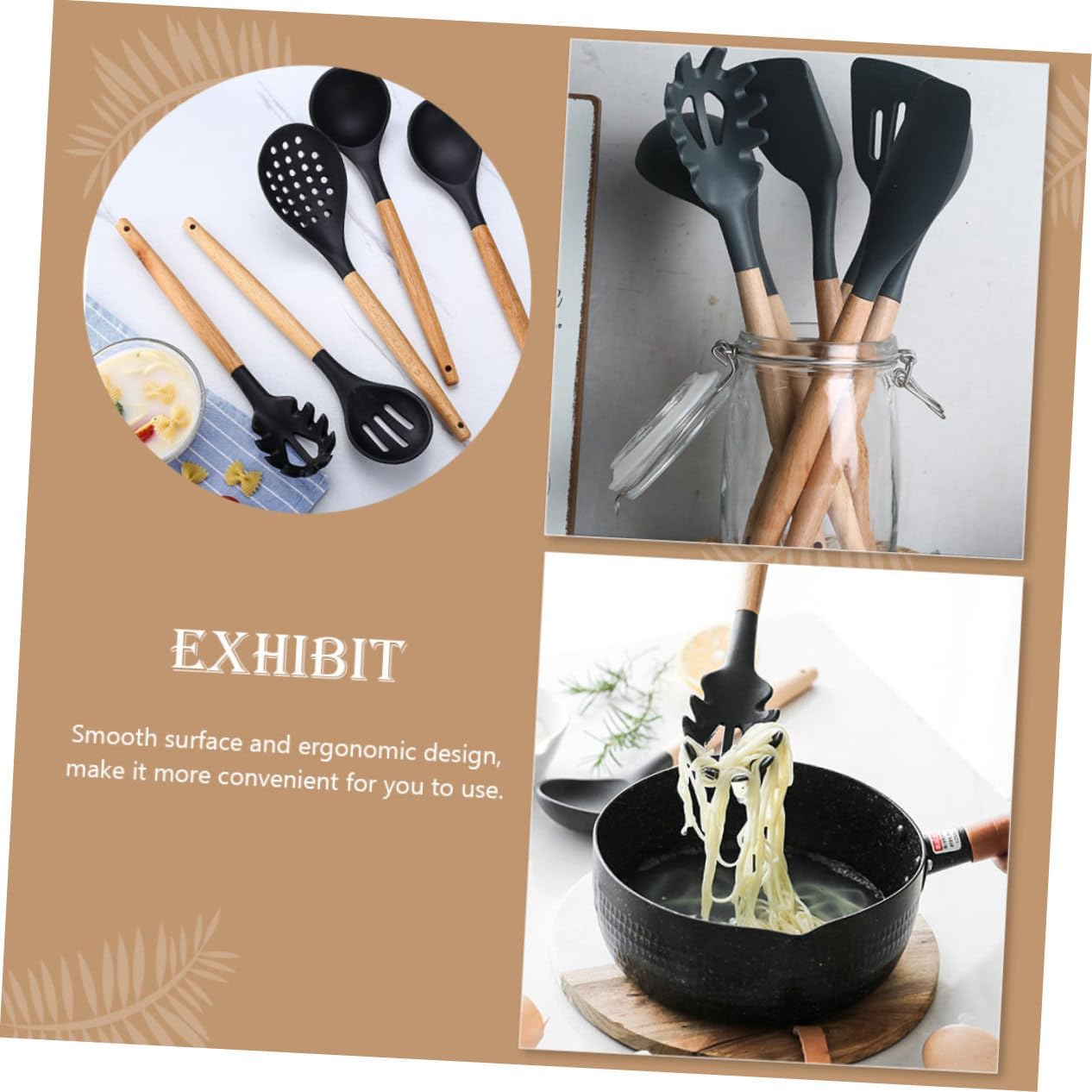 Garneck Wood Handle Silicone Spaghetti Spoon with Draining and Serrated Edges Ergonomic Design for Home Kitchen Use Lightweight Noodle Colander and Pasta Server Tool
