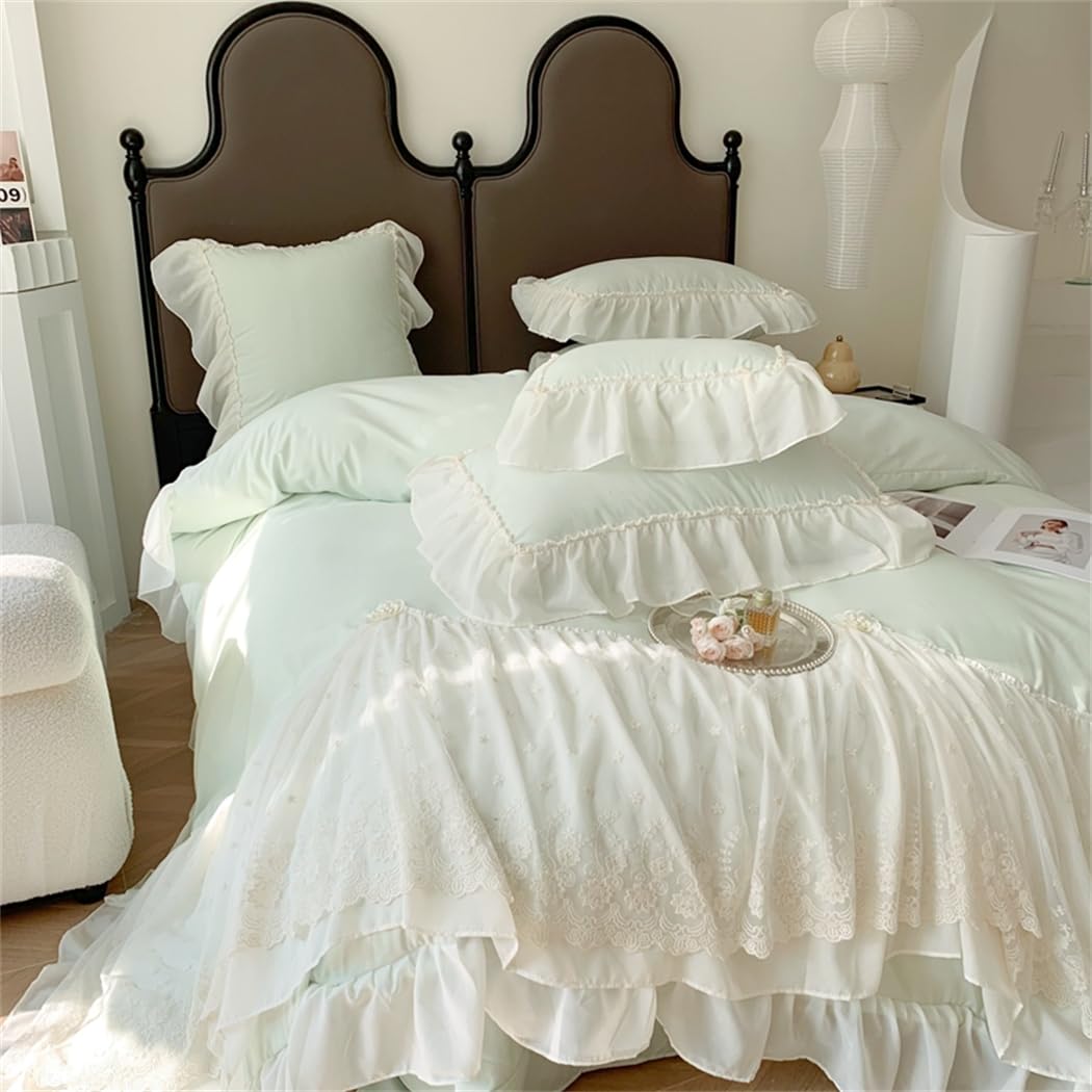 IHOUSTRIY Spitzen-Bettwäsche-Set Queen Size – Mit Chiffon-Rüschen Und Blumen, 3-teilig | Aus Mikrofaser, Reißverschluss & Eckbänder