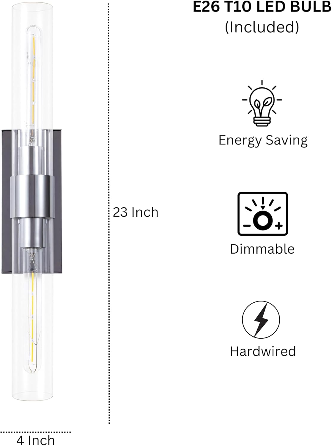 23 Inch Modern Chrome Wall Sconces Set of Two – Chrome Vertical Glass Shade Bathroom Vanity Light Fixtures, Clear Glass 2 Light Wall Sconces for Hallway or Living Room (Bulb Included)