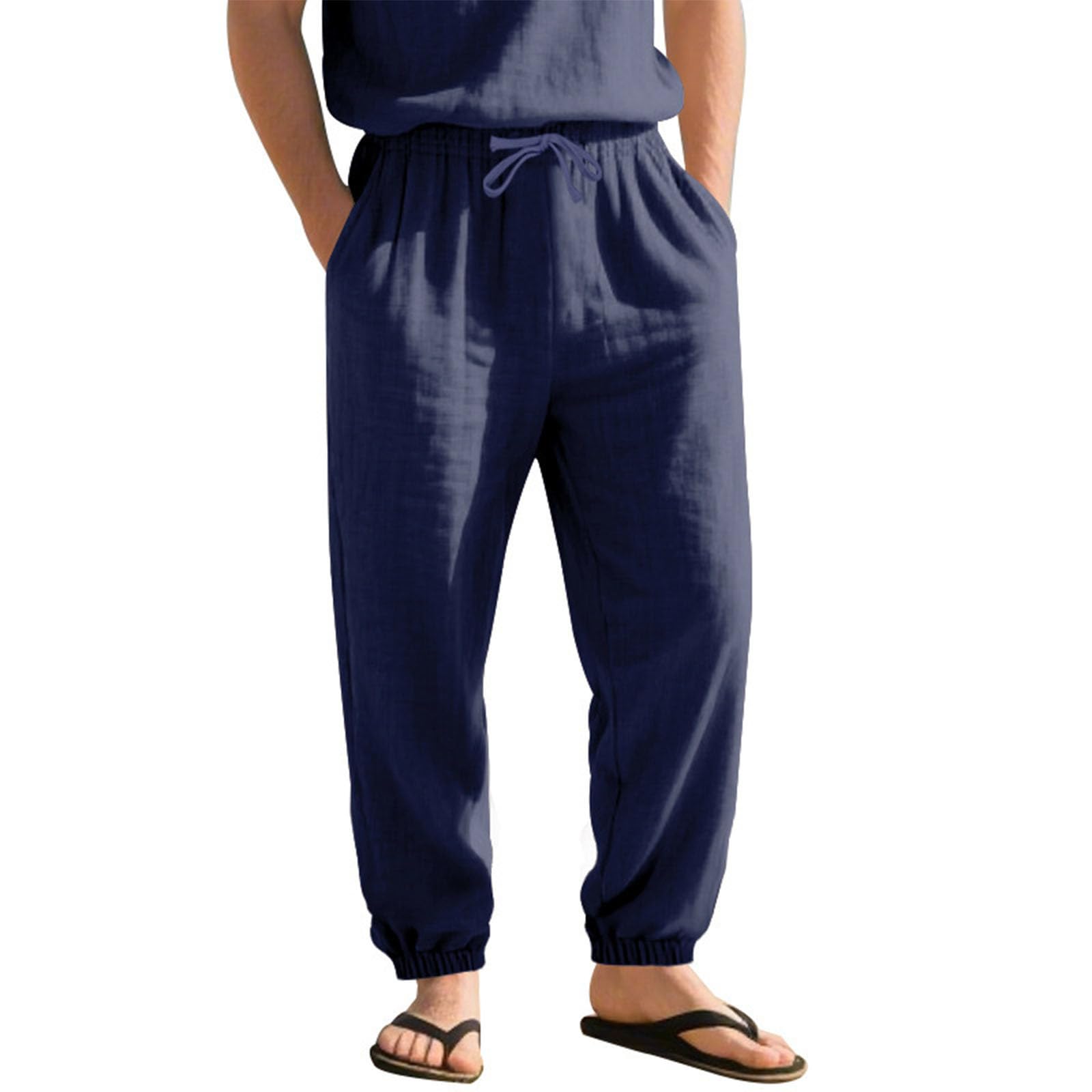 Zaswen Summer Linen Pants for Men Drawstring Elastic Waist Pants Lightweight Solid Color Workout Trousers with Pockets