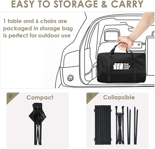 Miniatura 5 de Juego de silla y mesa plegable para camping, mesa de picnic portátil con asientos para más personas, mesa compacta plegable para acampar con bolsa