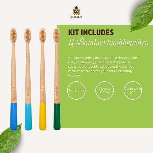 Miniatura 3 de SuperBee Kit familiar con pastillas de pasta de dientes Dentos, 300 pestañas, hilo natural, cerdas suaves, cepillos de dientes de bambú, sin flúor y