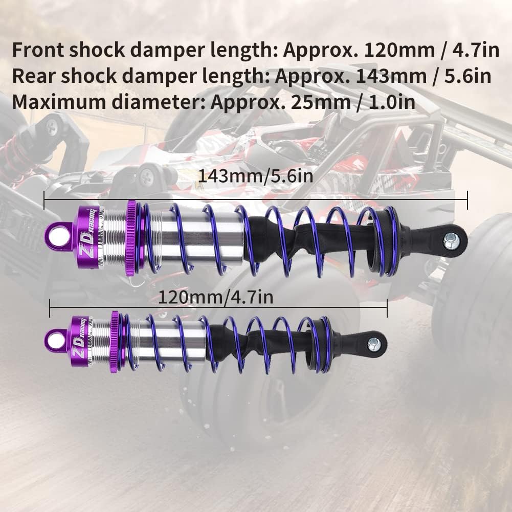 Amortiguador de choque para coche RC, amortiguador delantero ajustable para amortiguador delantero de presión de aceite de metal 4pcs para 1/8 coche RC(púrpura)
