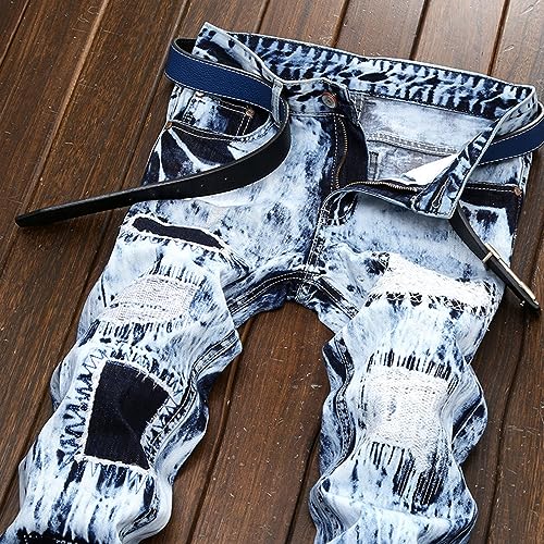 Men's Classic Patches Jeans Washed Straight Fit Slim Jean Pants Mid Waist Leg Denim Trousers for Men2