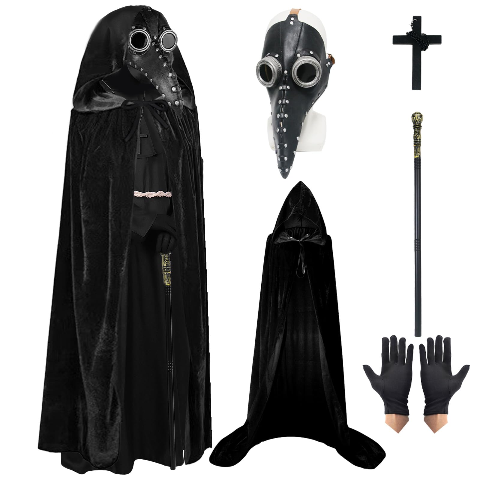 4PCS Plague Doctor Costume Suit, Plague Doctors Mask Long Nose Bird Beak Steampunk Mask with Black Hooded Cloak, Black Gloves, King's Scepter for Halloween Party Cosplay Masquerade