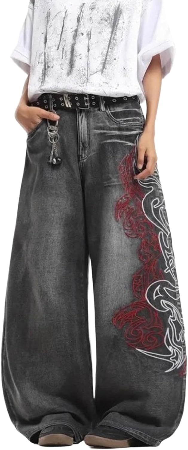 Men's Hip-hop Loose Embroidered Wide Leg Washed Gothic Denim Pants Streetwear