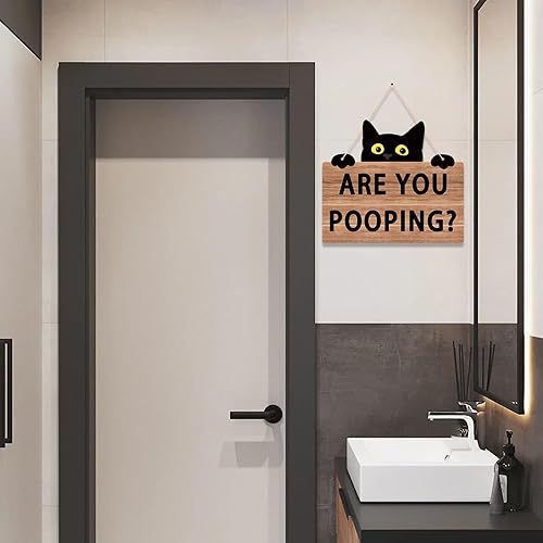 Miniatura 7 de Uflashmi Cartel de gato negro con texto en inglés "Are You Pooping Cat", divertidos letreros de decoración de pared de baño, letreros de madera para