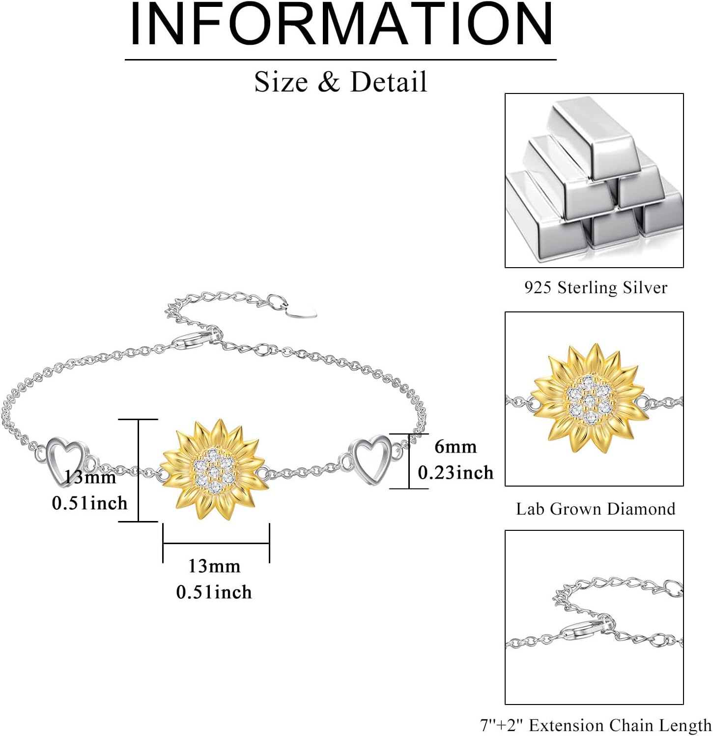 Diamond Sunflower Bracelet 925 Sterling Silver Floral Bracelets with Adjustable Heart Chain 18K Gold-Plated Sunflower Jewelry Birthday Christmas Gifts for Women/Daughter/Girlfriend - Image 6