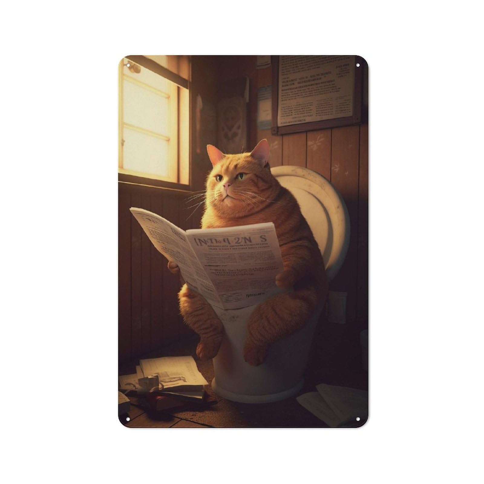 Junmoney Fat Cat Toilet Newspaper Tin Sign With Design 30X20cm, Vintage Shed Wall Decor For Greenhouse, Garden Room, Cafe Or Entryway