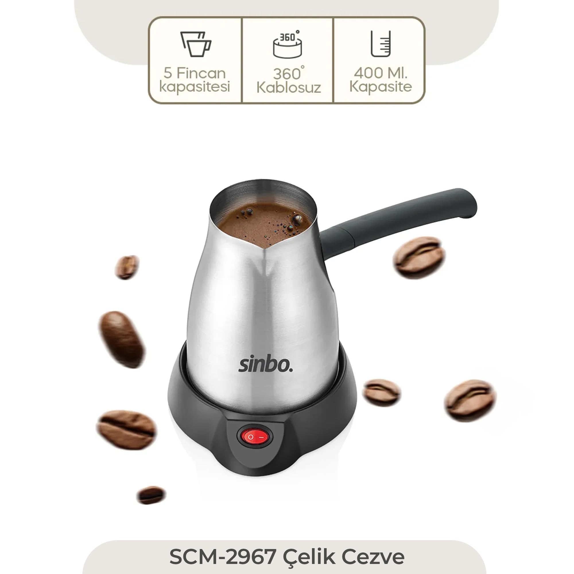 Sinbo STM-5845 ve SCM-2967 Çelik Set – 360° Dönebilen Kablosuz Çay Makinesi ve Türk Kahvesi Cezvesi, Şık Paslanmaz Çelik