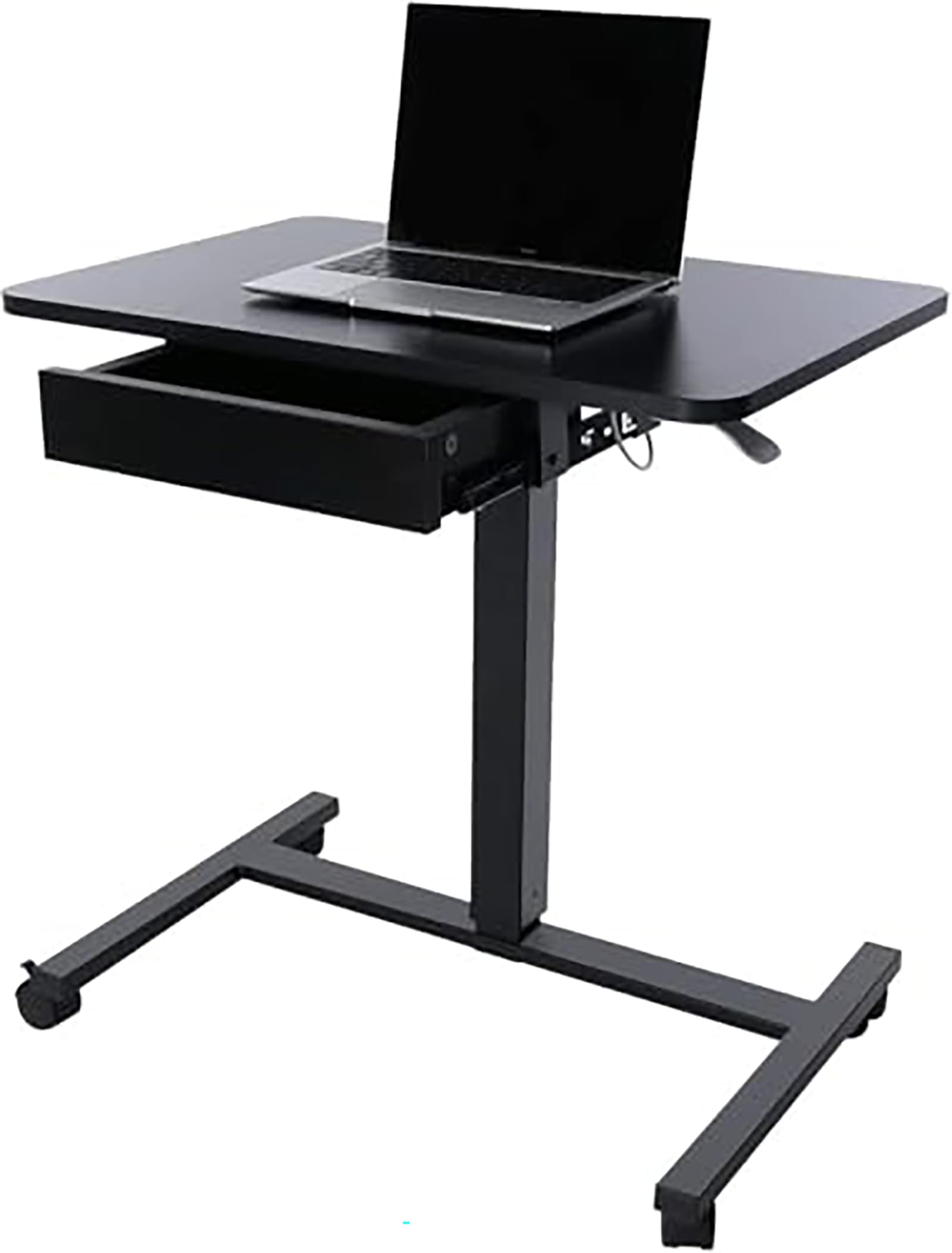 CLATINA Höhenverstellbarer Laptop Tisch mit Feststellrollen Schublade Mobiles Stehpult Überbettisch als Computertisch Arbeitswagen mit Höhenverstellung für Home-Office Seminarraum Schwarz