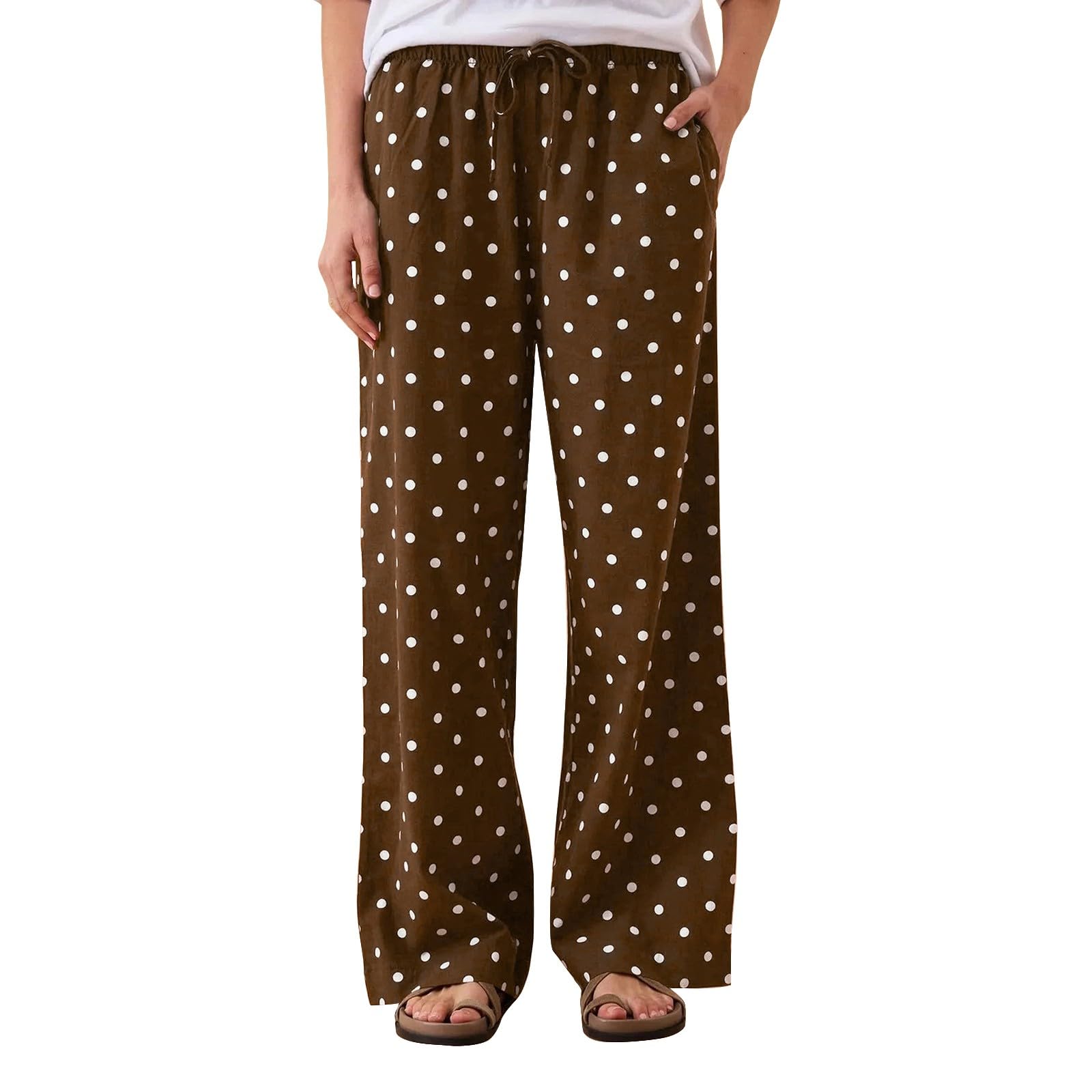 Pantaloni estivi da donna in raso, traspiranti, per il tempo libero, a vita alta, con pois, leggeri, traspiranti, in raso, con elastico in vita, eleganti, larghi