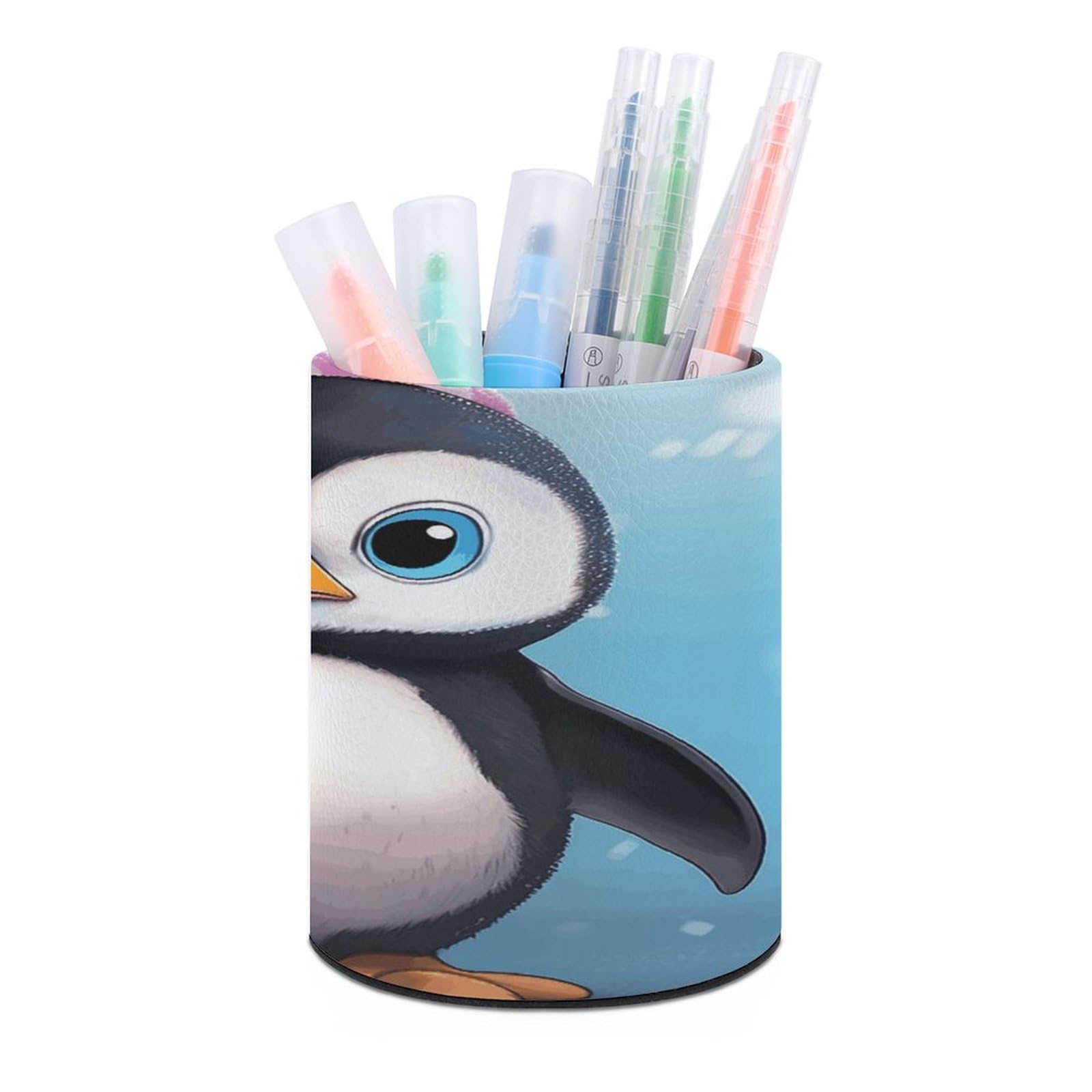JTREHY Lovely Penguin Pen Holder Round Pen Pencil Holder Makeup Brush Holders Cup PU Leather Pencil Cups Desktop Caddy Stationery Organizer Case Office Accessories Container Box
