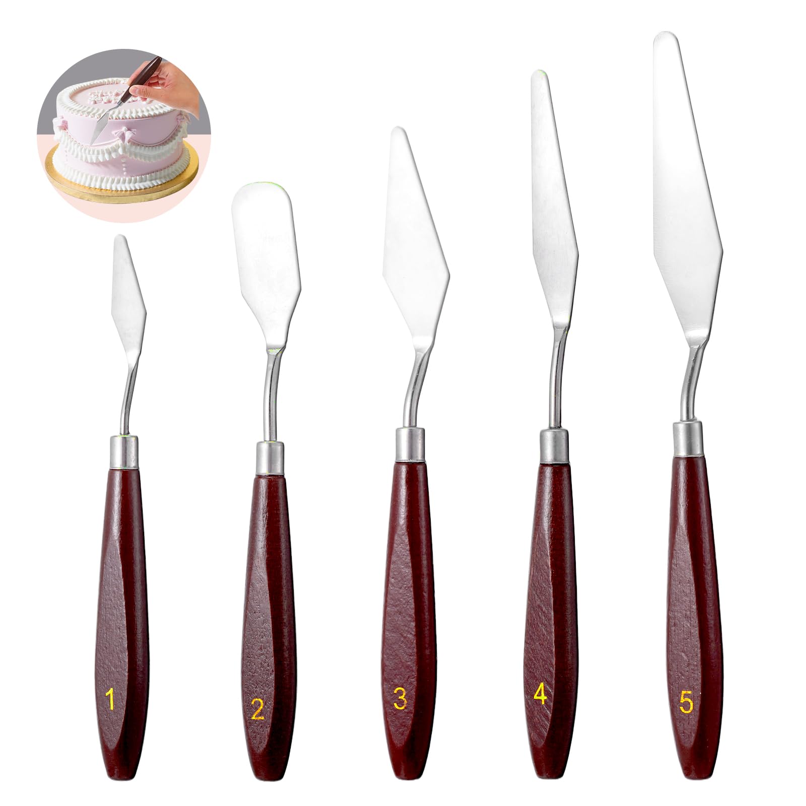 XLIUAX 5 Pcs Cake Spatula, Stainless Steel Icing Spatula, Cake Cream Spatulas, Art Painting Palette knives for Cakes Fondant Chocolate Baking Pastry